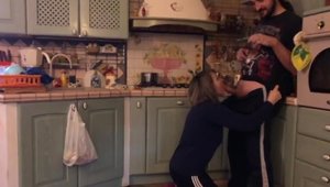 Busty Couple Dick Sucking In The Kitchen