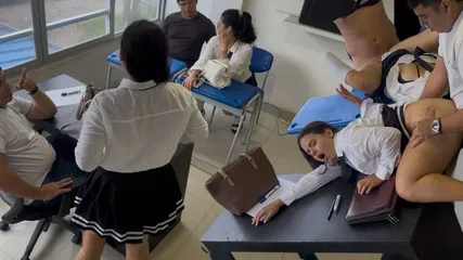 Horny Foursome In The Classroom, I Suck The Teacher's Cock