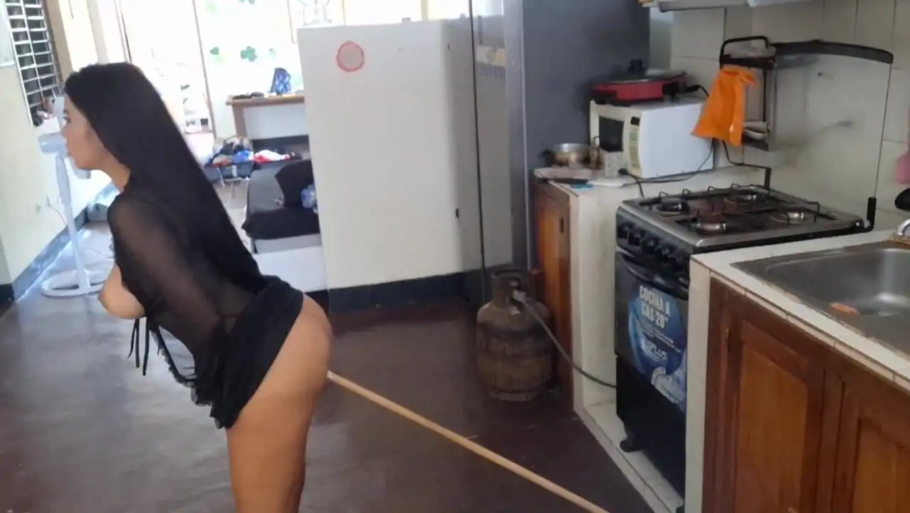 Incredible - Beautiful Stepmother Masturbates in the Kitchen with a Broomstick