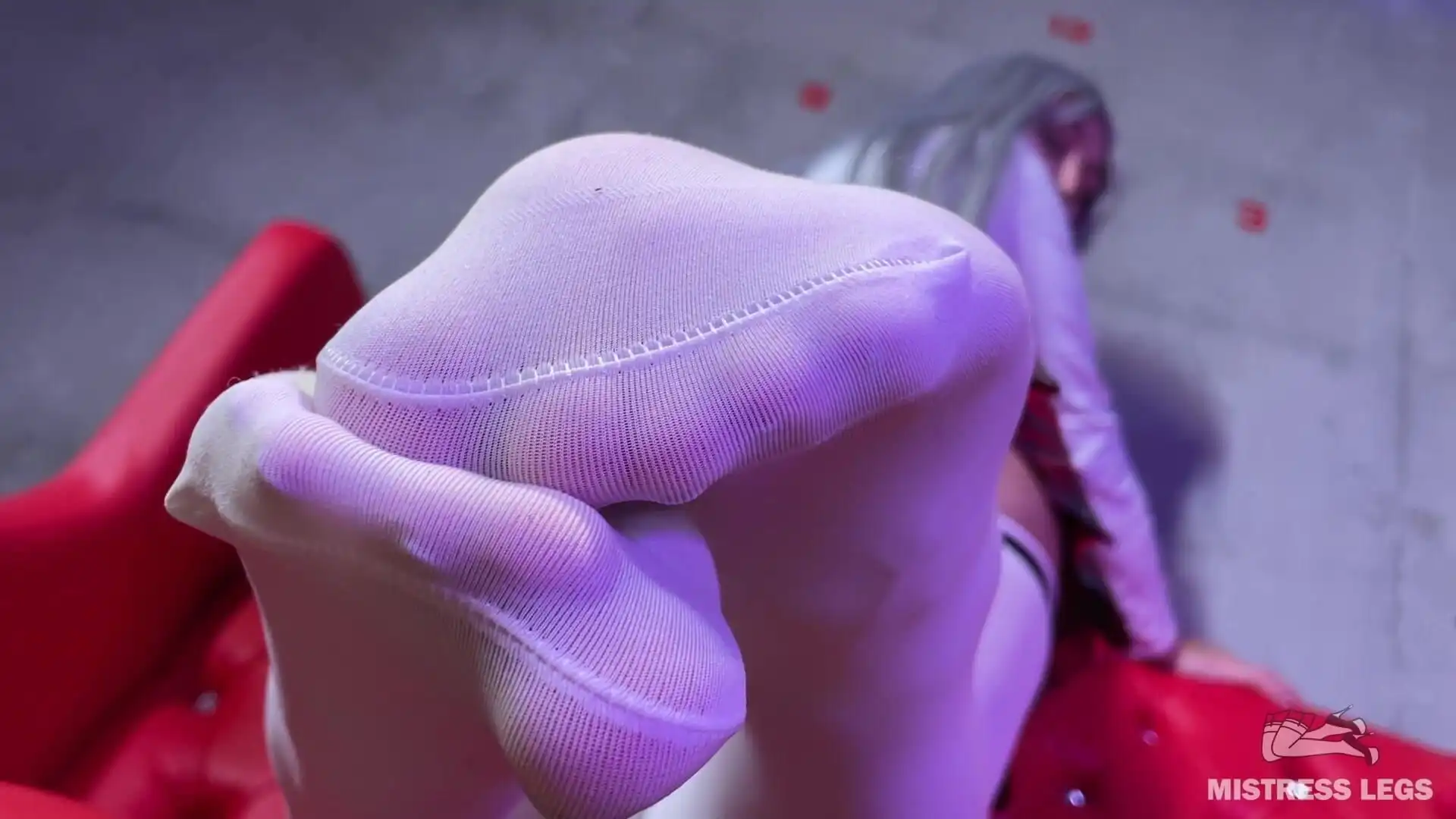 Goddess Big Booty and Foot Tease in White Stockings on the Red Couch