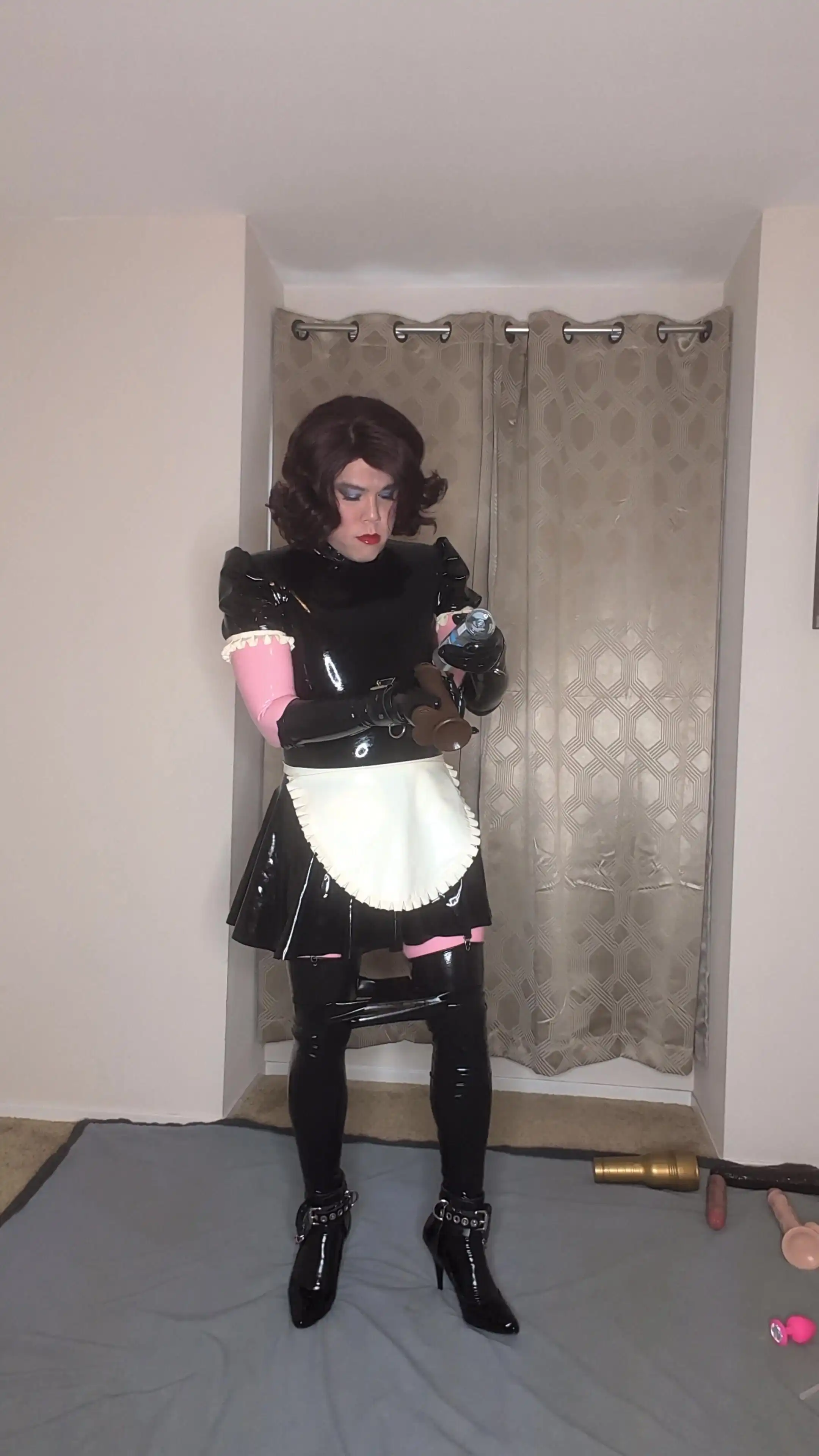 Latex Catsuit and Maid Dress Sissy Tries to Fuck Both of Her Holes with Dildos