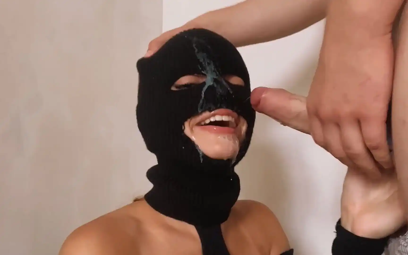 Sloppy Blowjob in Mask - Lots of Cum on Face