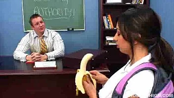 Sexy Brunette Girl Sisi Sinz Seduces Her Teacher By Eating Banana Before Getting Fucked