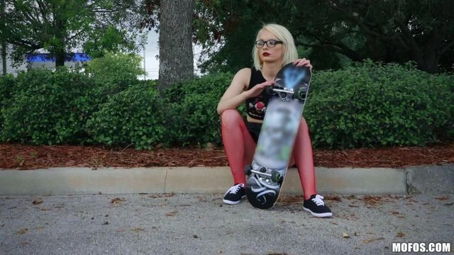Beautiful blonde in red nylons Alice Pink is enjoying his big cock