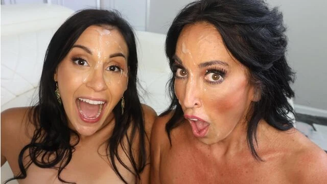 Abi James and Jade Greene are enjoying double blowjob on the knees