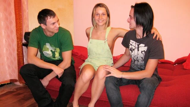 Beautiful skinny babe Irina Bruni fucked by two youngsters
