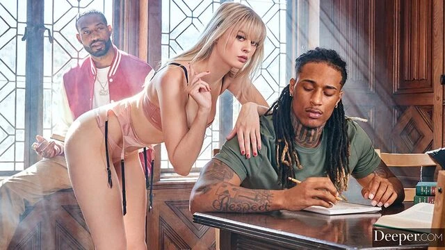 Astonishing blonde Amber Moore nicely rammed by black dicks