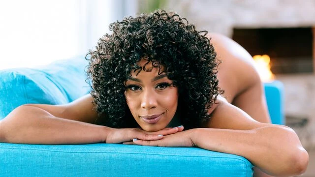 Aesthetic ebony model Misty Stone impaled in the cowgirl pose
